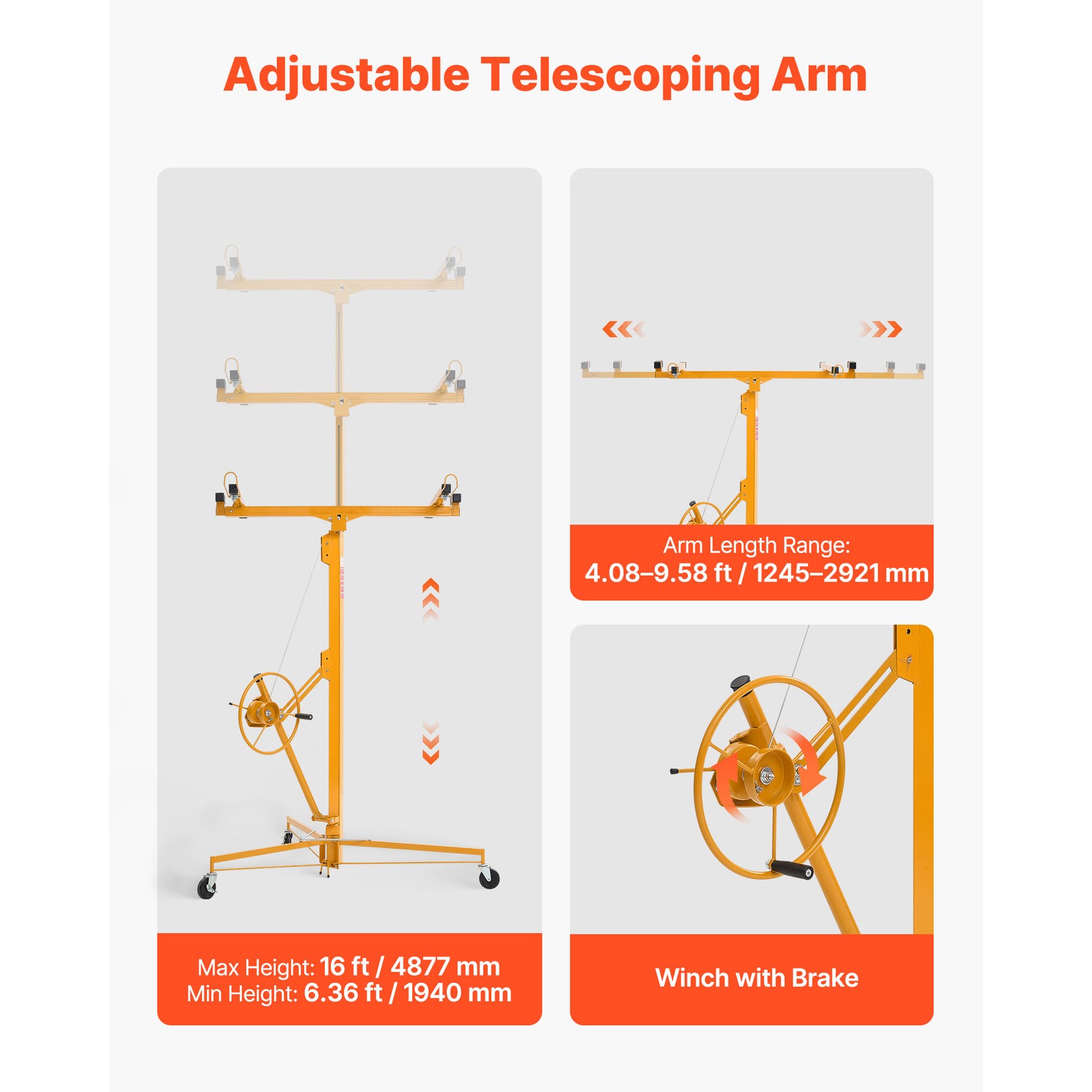 Uimoso 16Ft Drywall Lifter Sheetrock Hoist Lift Adjustable arm & Lockable Wheels