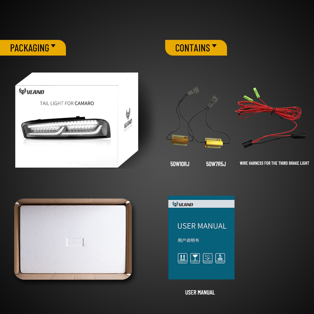 VLAND LED Tail Lights For Chevy Camaro 2016-2018 DRL FULL Smoked Rear Lights