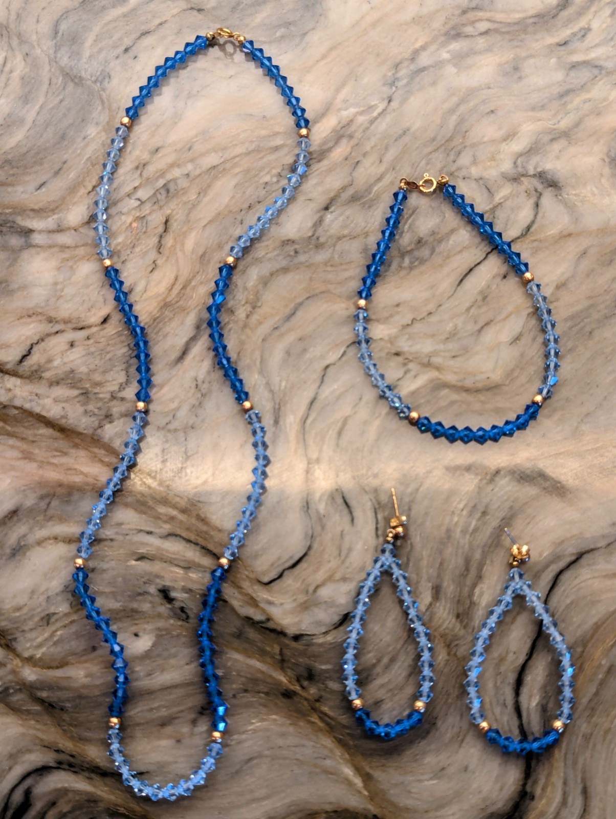 Swarovski Crystal Necklace Bracelet & Earring Set 14k Gold Blue Lagoon Vintage