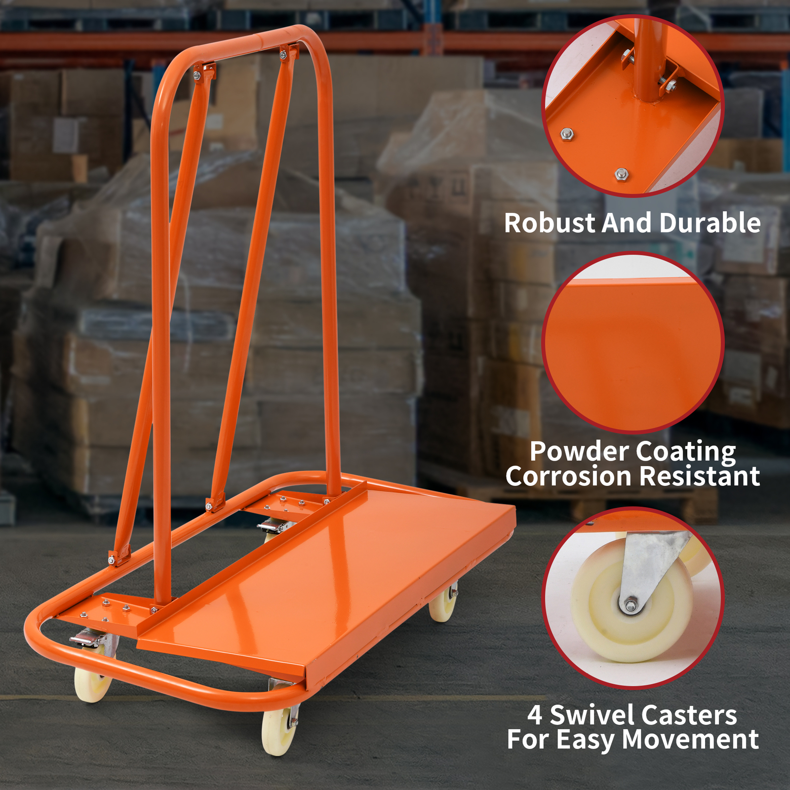 Heavy Duty Drywall Sheet Cart 45.3" L × 22.4" W × 46" H W/4 Swivel Wheels 3000LB
