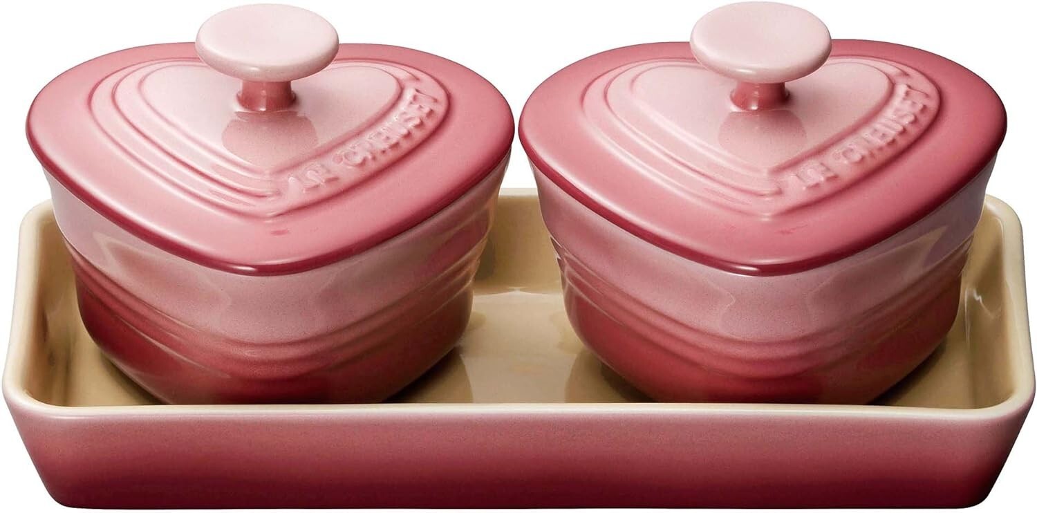 Le Creuset Miniature Ramekin D'Amour SET Tray Heart Rose Quartz stoneware NIB