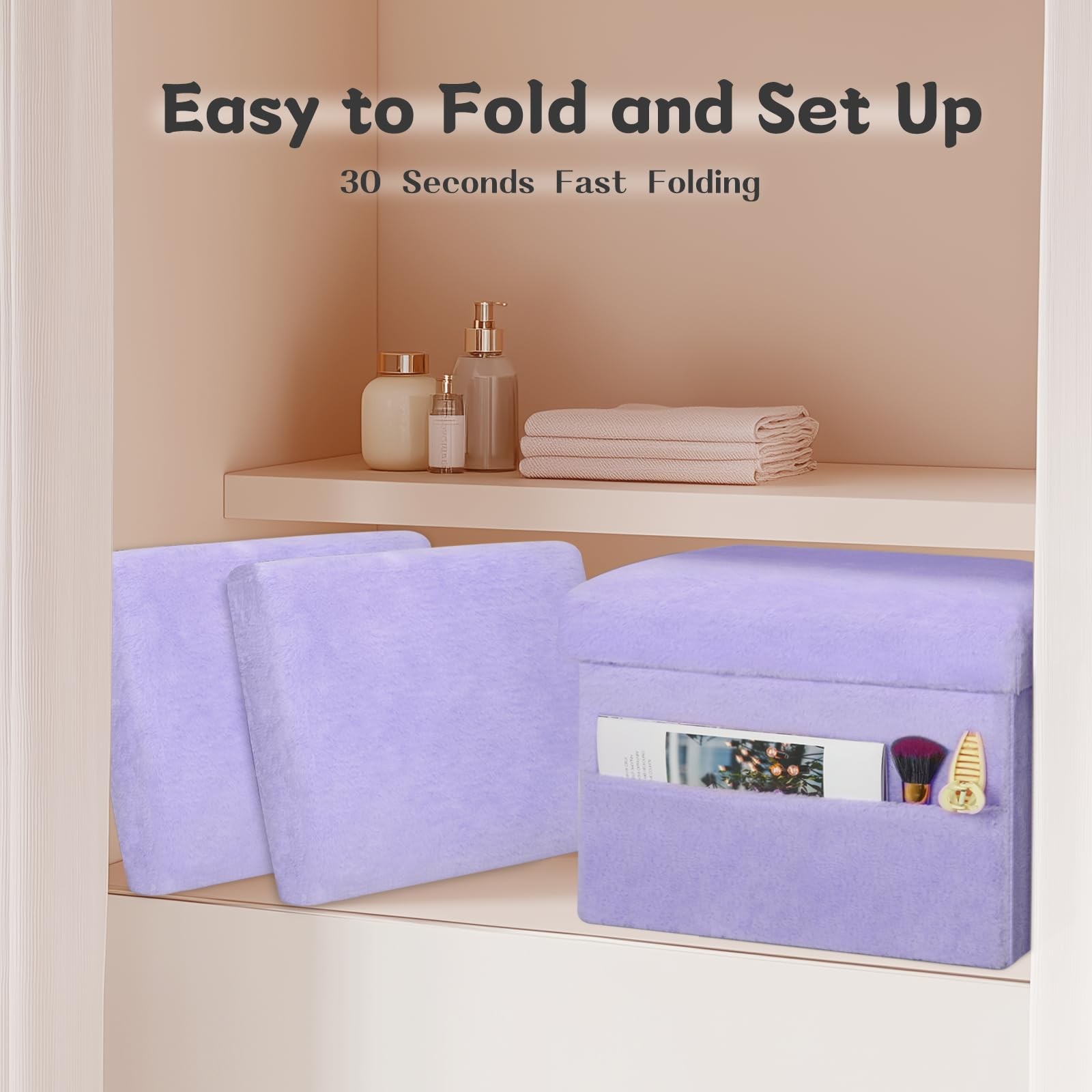 Small Ottoman with Storage, Folding Soft Fur Storage Foot Rest Stool with Thi...