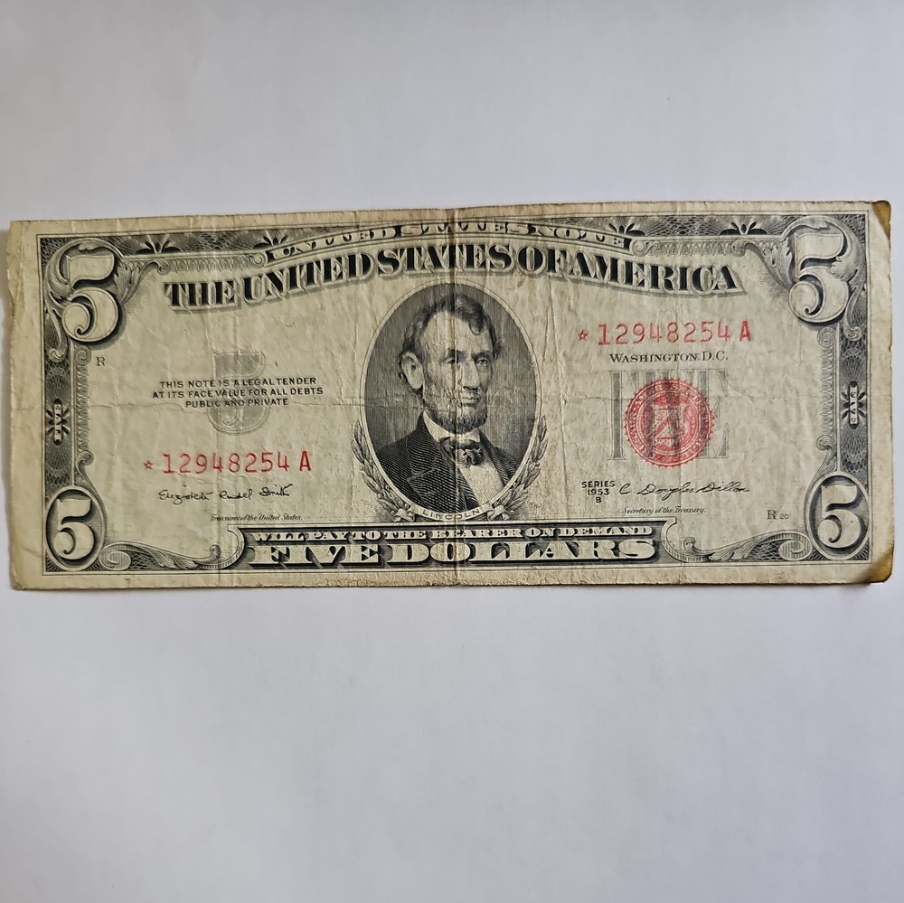 1953 B Red Seal, 5 Dollar, STAR Note.