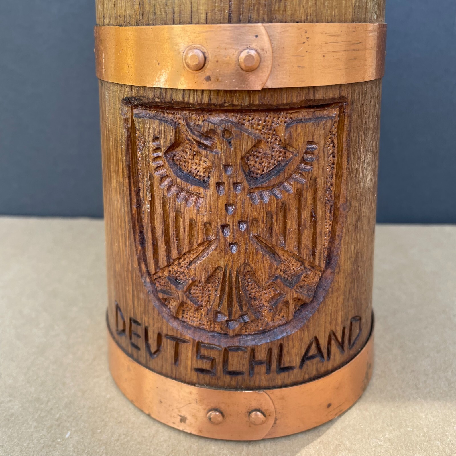 Vintage "Deutschland" Germany Eagle Carved Wooden Wood Barrel Tankard