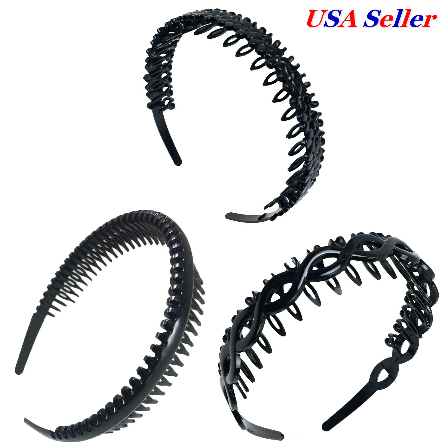 3 PCS Assorted Black Plastic Teeth Comb Headband Hairband Ladies Girl Fashion