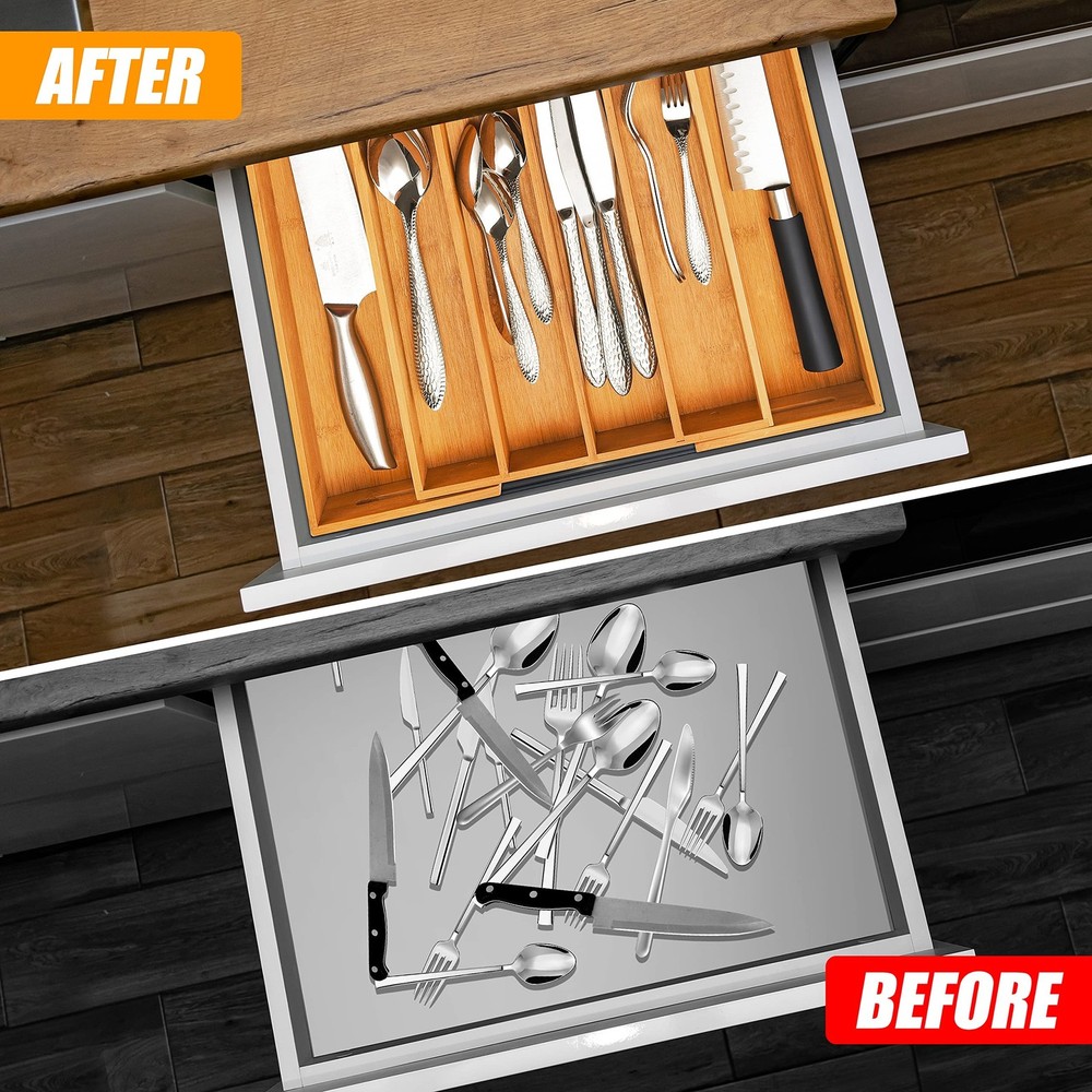 Bellsal Silverware Organizer Kitchen Drawer Organizer Expandable Bamboo Utens...
