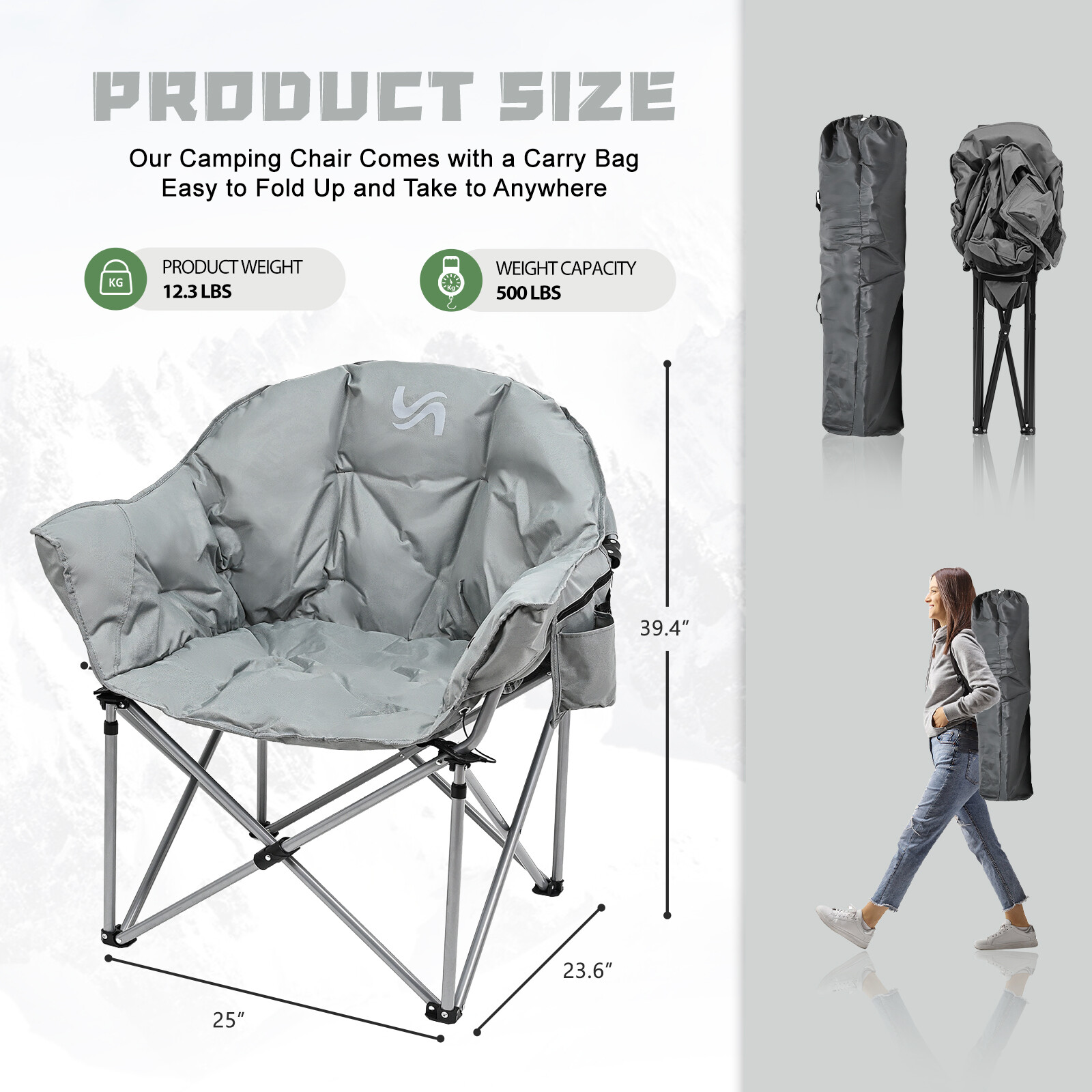 Oversized Heavy-Duty Club Folding Camping Chair w/ Pocket Moon, Round, Saucer