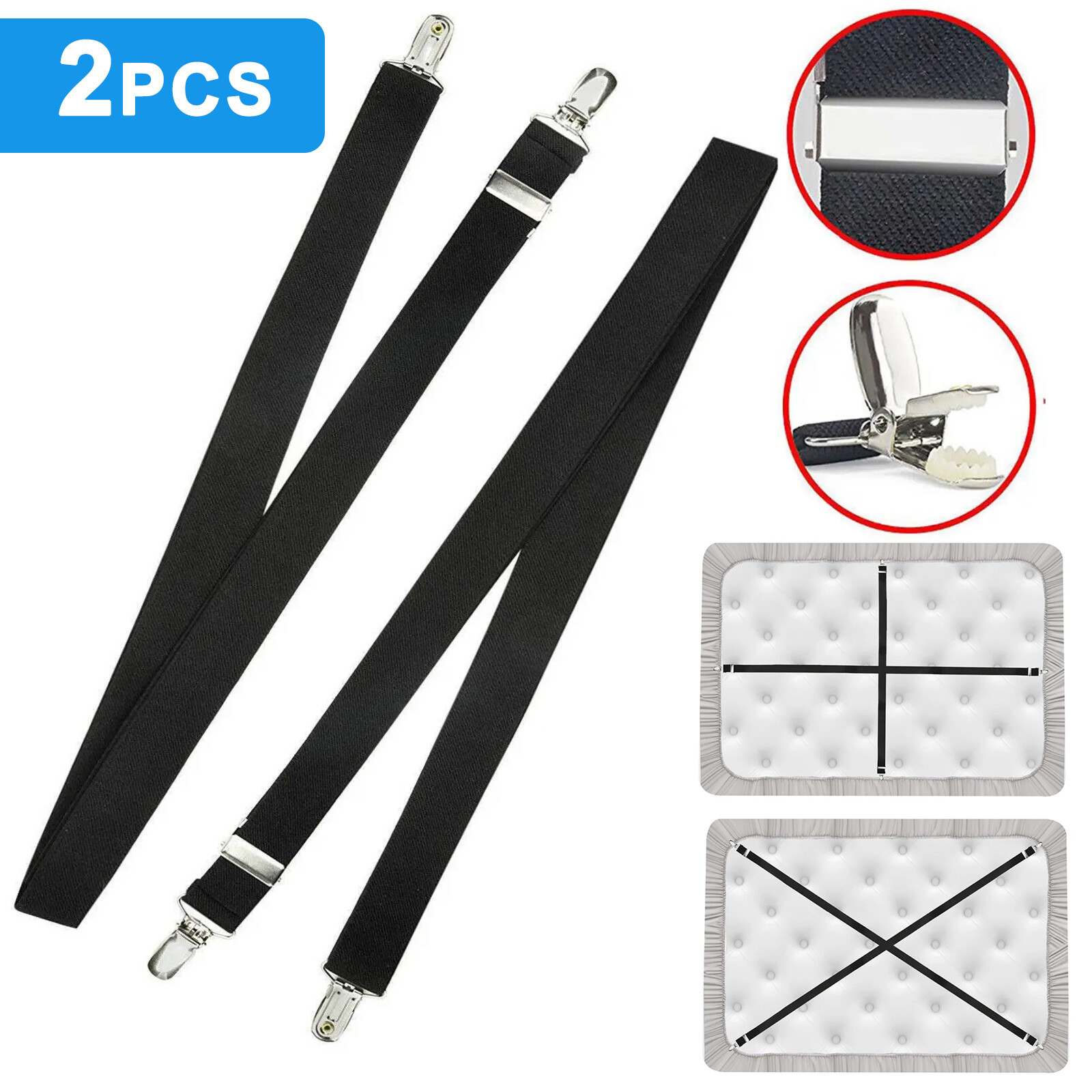 2 PCS Adjustable Bed Fitted Sheet Straps Suspenders Belt Gripper Fastener Clips