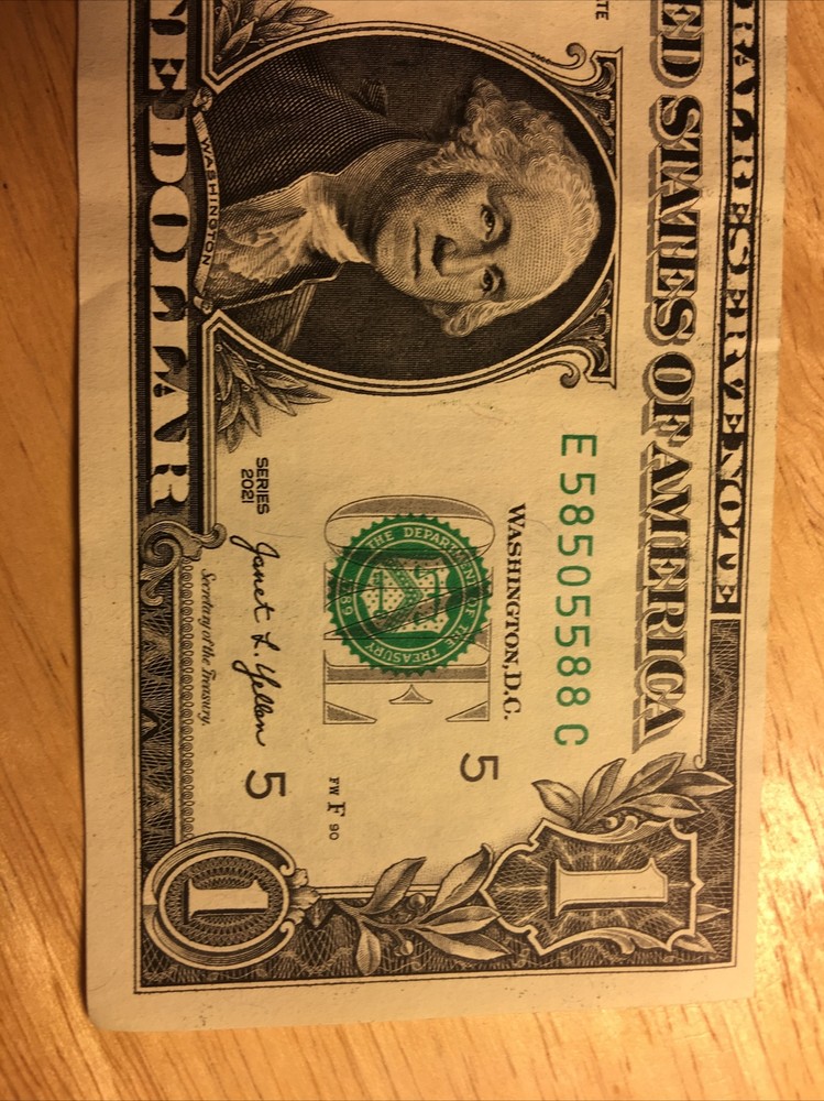 Fancy 2021 $ Bill Error w/Offset Print Obv.&Rev.4,5’s & 3,8’s Trinary Note