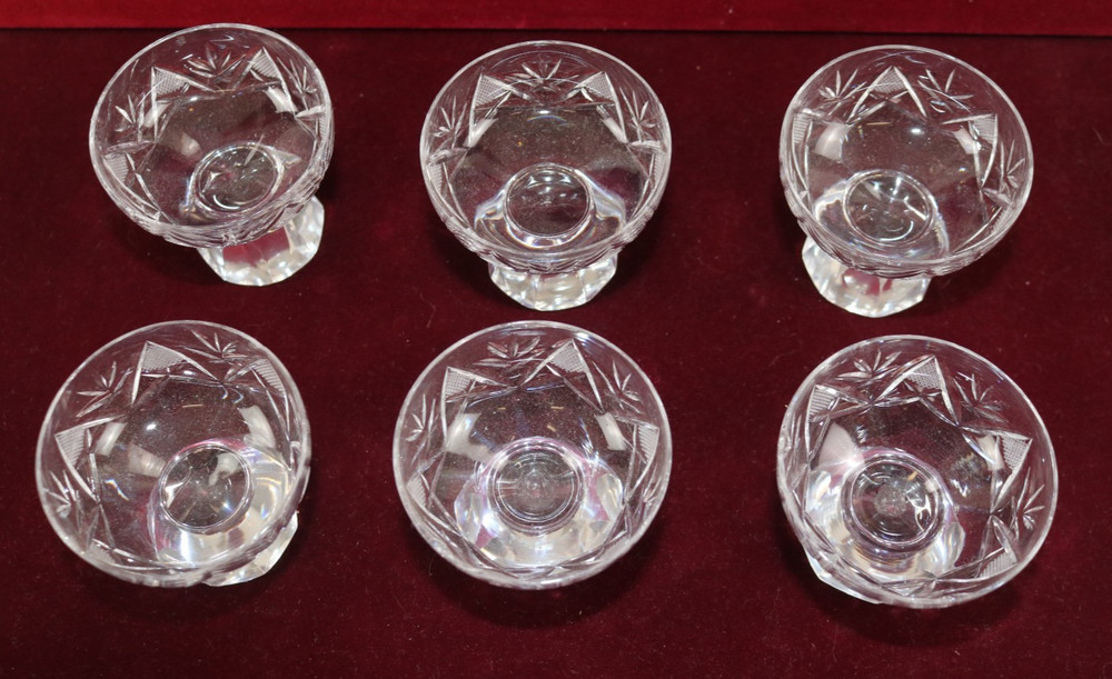 6 CRYSTAL CUT Clear Glass Footed Round Salt Cellars