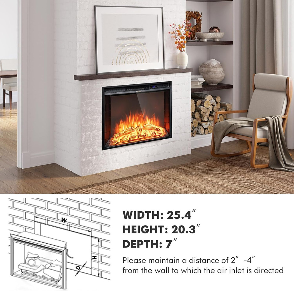 26" Electric Fireplace with Remote Control, Adjustable Flames & Timer