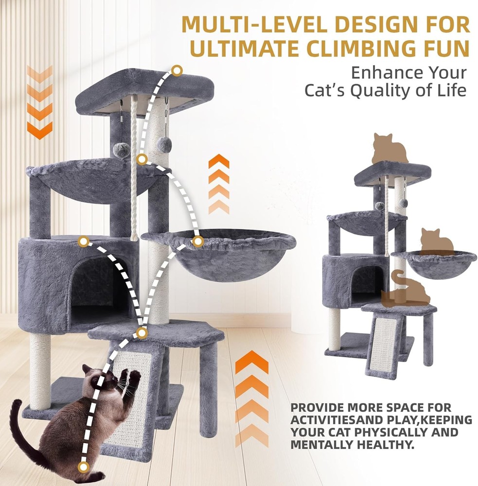 Three Layer Cat Tree W/ Cat Condo & Two Hammocks,Grey