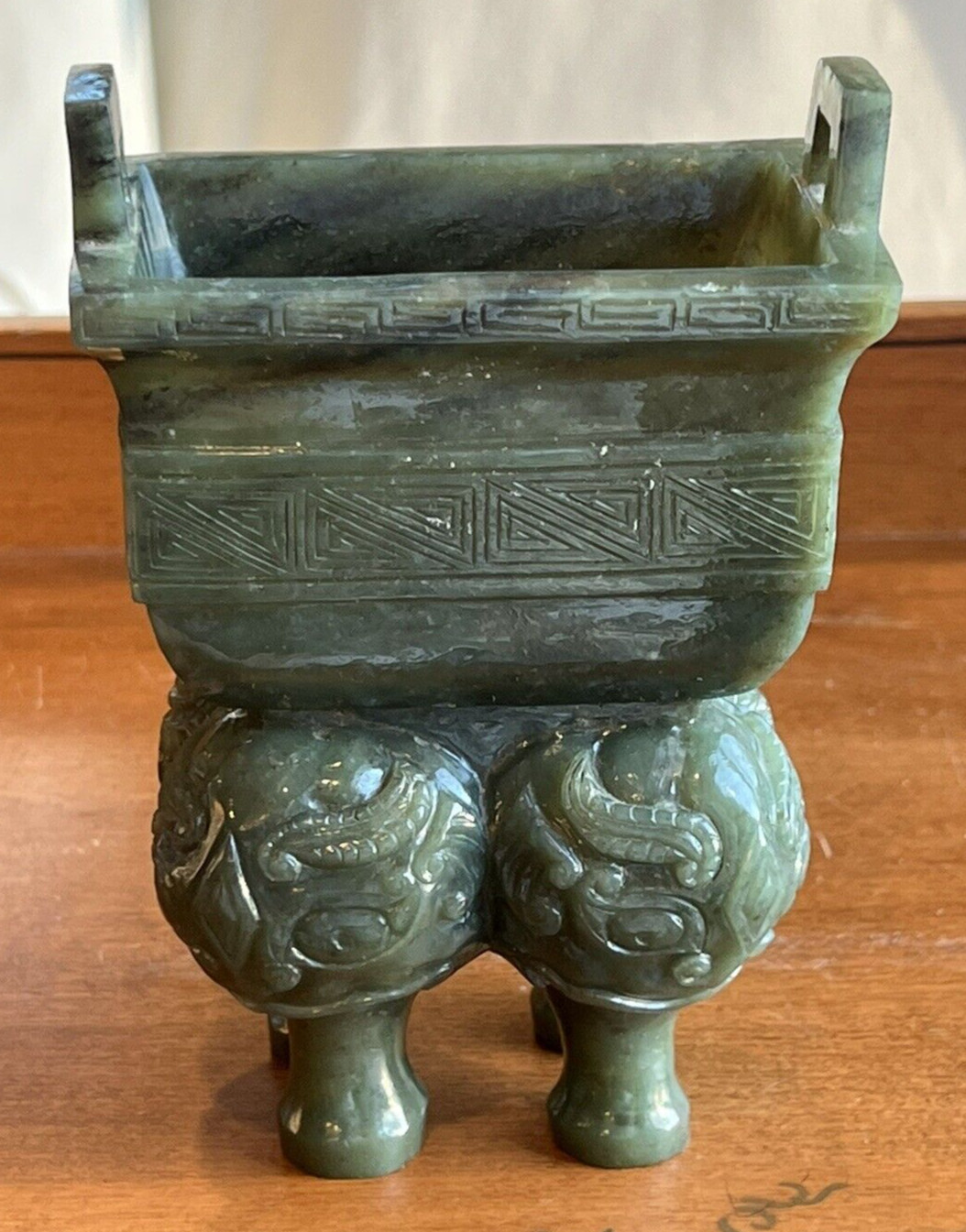 Hand Carved Dark Spinach Green Jade Asian Chinese Incense Burner Censor