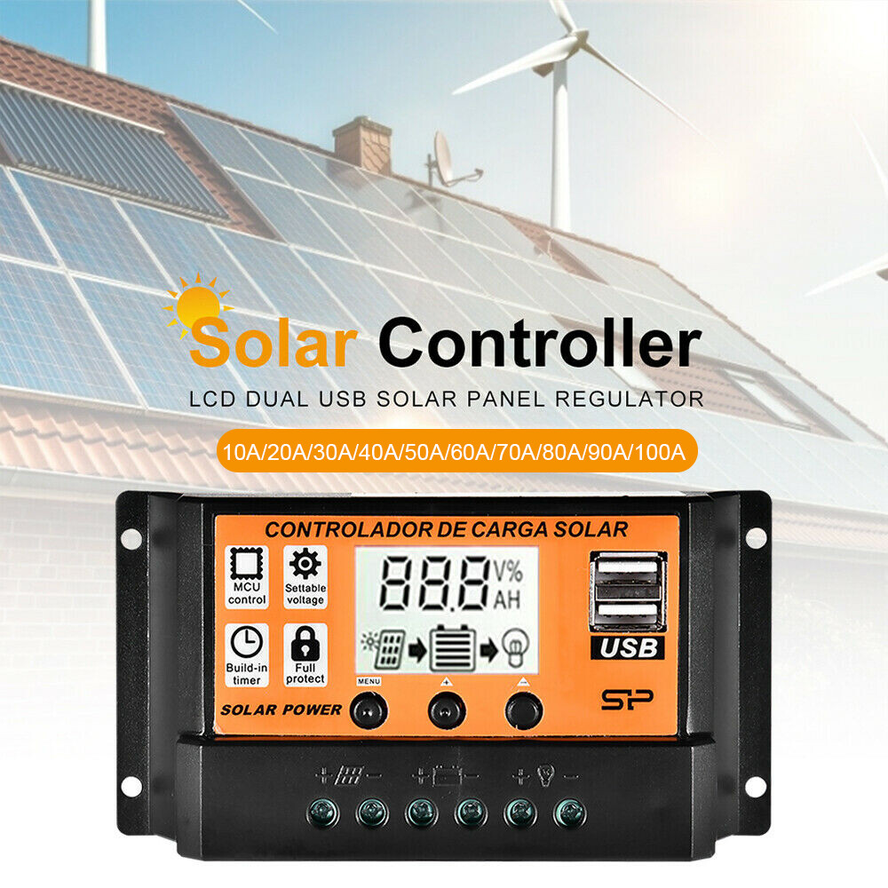 100A MPPT Solar Power Panel Regulator Charge LCD Controller 12/24V Dual USB US