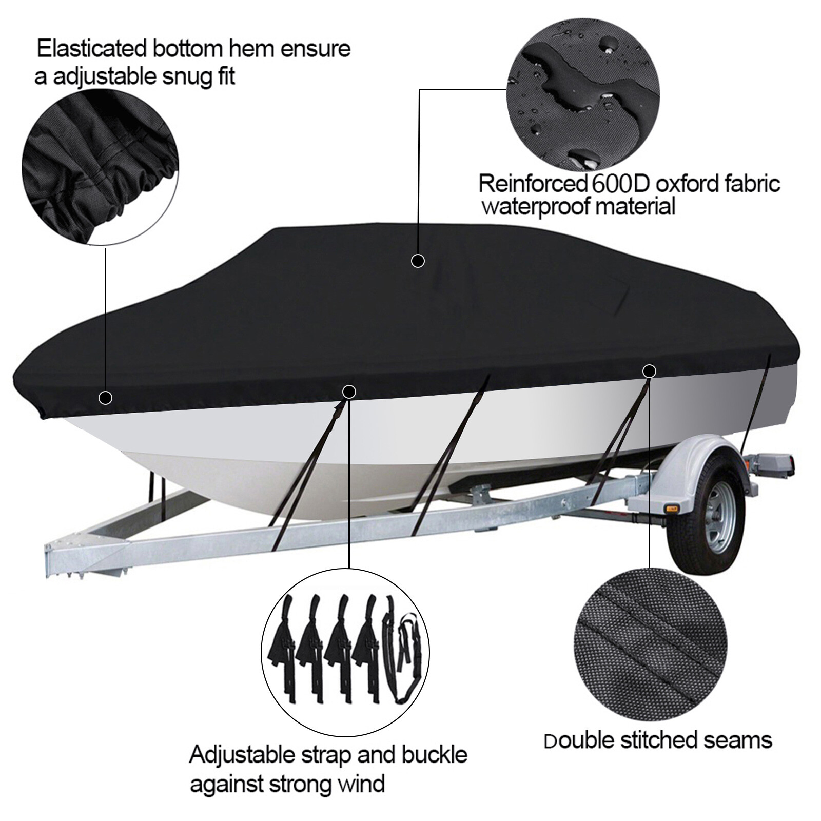Waterproof Heavy Duty Trailerable Boat Cover Fishing V-Hull Tri-Hull Runabout