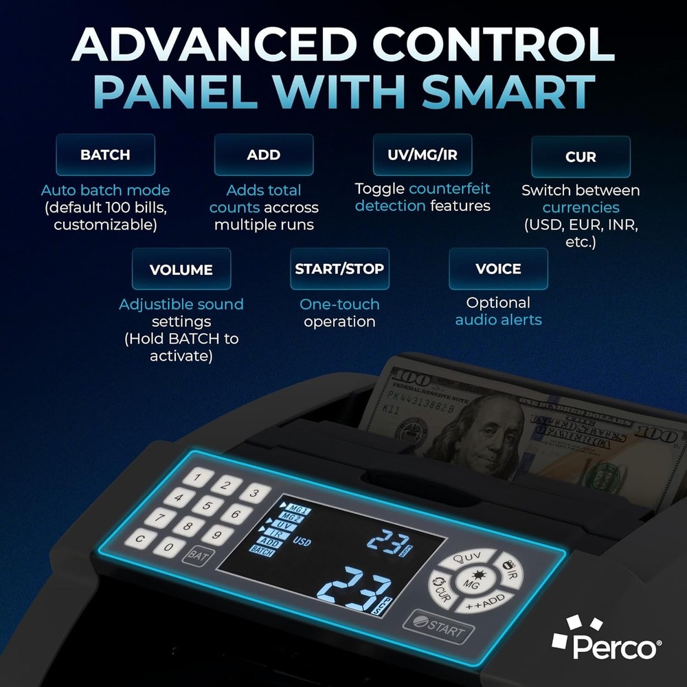 Perco Bill Counter and Counterfeit Detector Machine with UV/MG1/MG2/IR Detection
