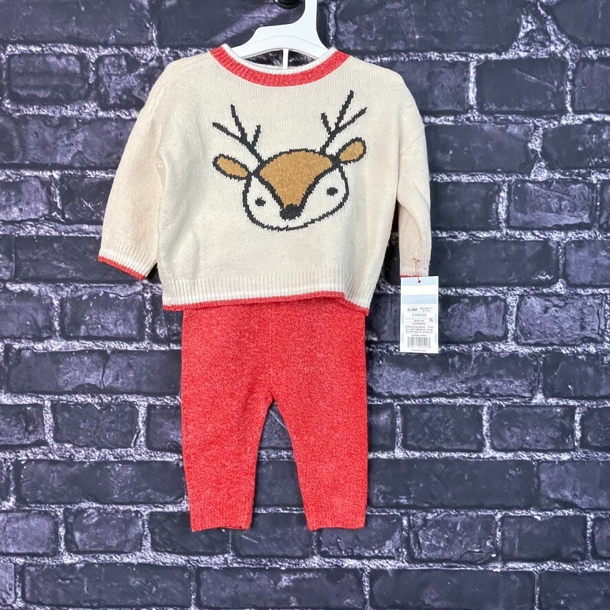 Cat & Jack 0-3 Month Knit Reindeer Cream Red Pants Set