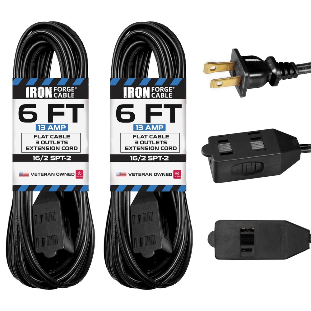 6Ft Black Extension Cord 2Pack  16/2 Durable Electrical Cable