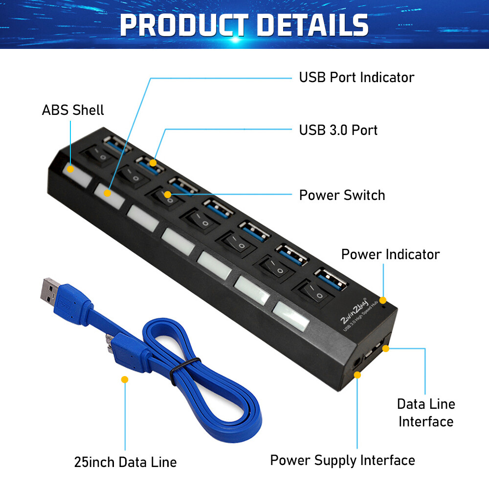 USB 3.0 Hub 7 Port On/Off Switch High Speed Splitter AC Adapter Cable PC Laptop