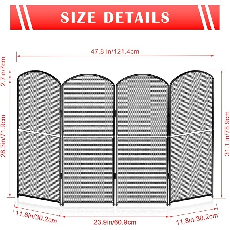 4 Panel Fireplace Screen Foldable Protective Metal Mesh Spark Guard Stand New