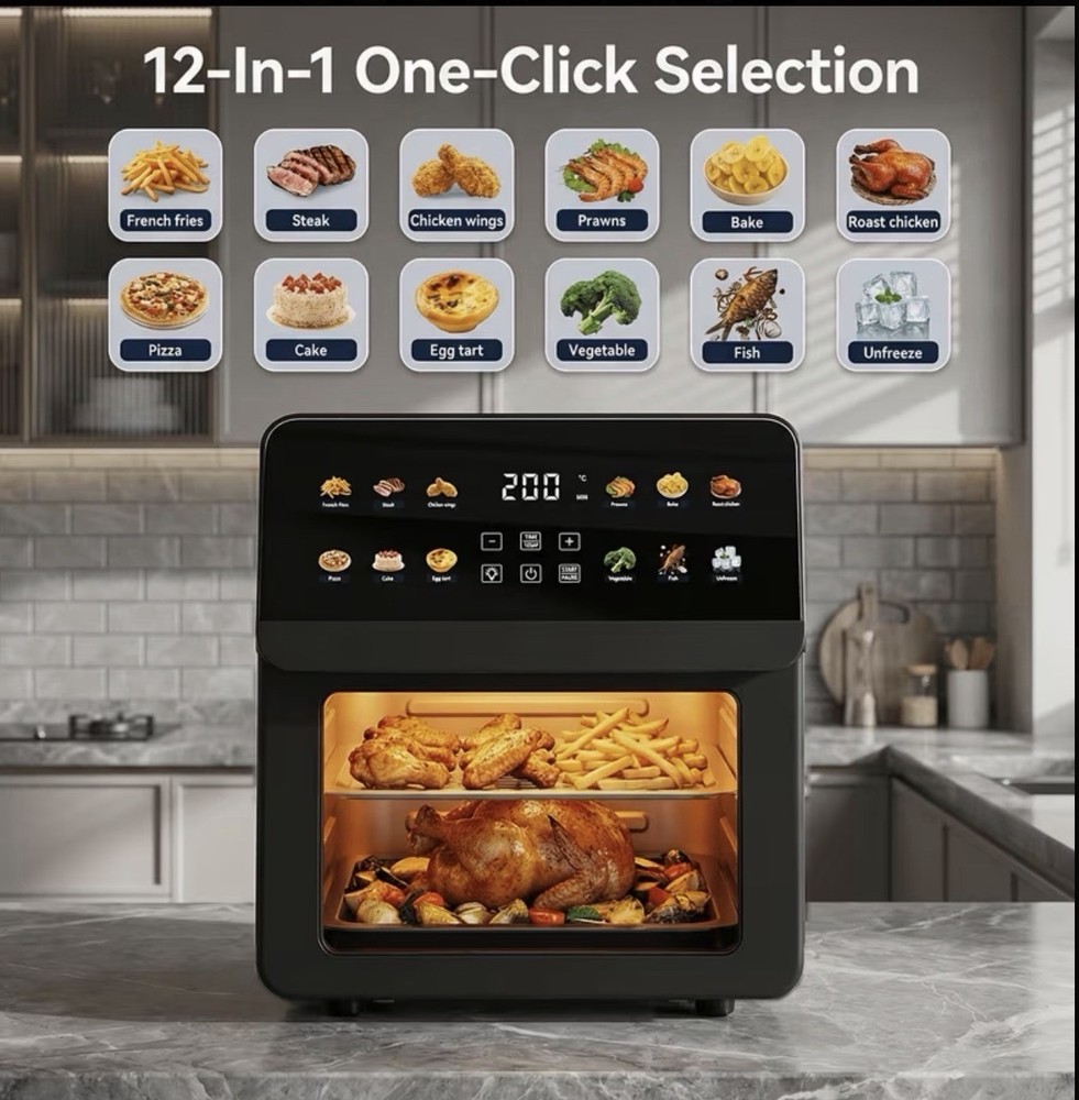 12-in-1 Multi-function Black Electric Toaster Oven with Convection and Timer