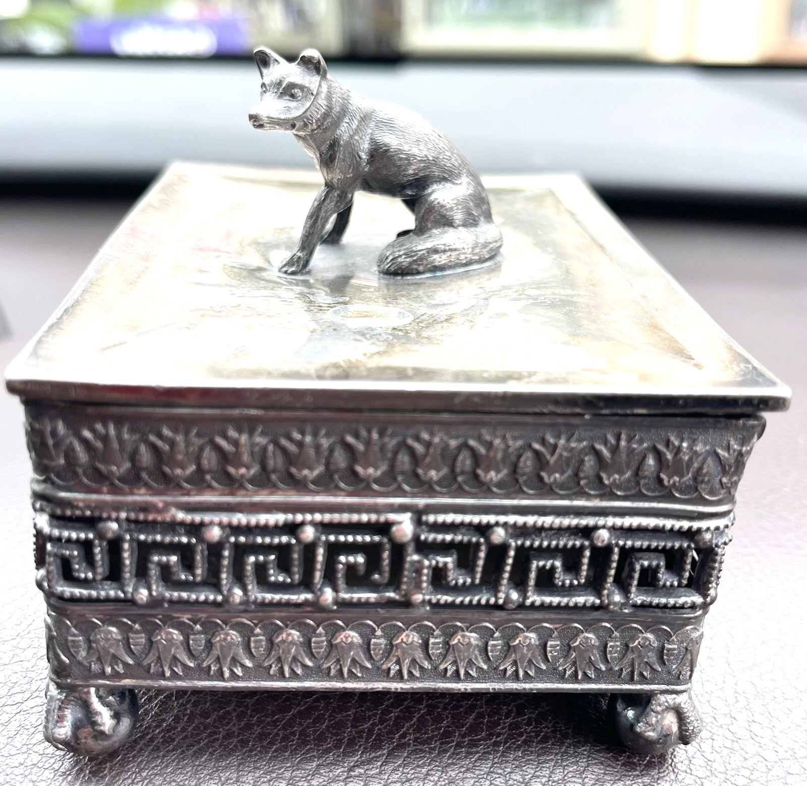 Antique Silver Plated Box w/ Fox or Dog On The Lid - Victorian or Art Deco-era☚☚