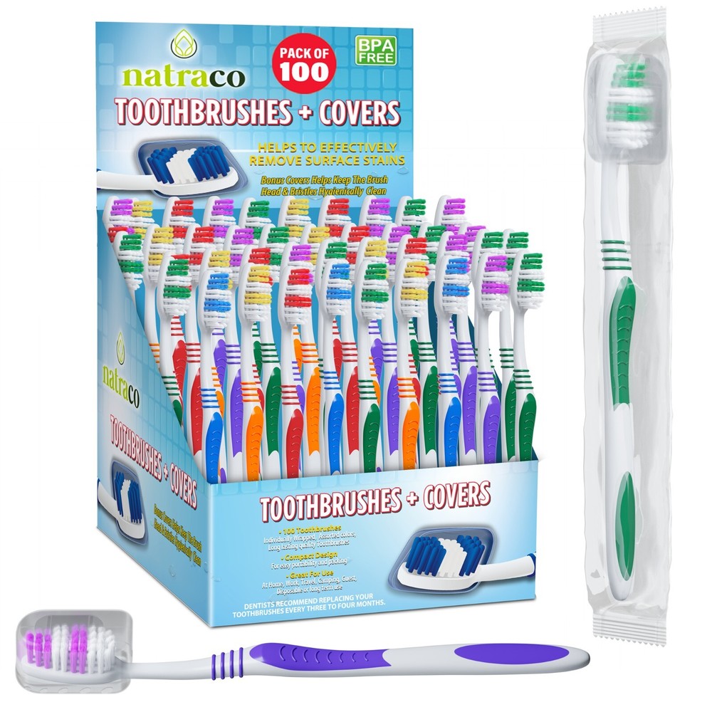 200 Bulk Toothbrushes + Caps, Individually Wrapped, Medium Soft, Multi Colors