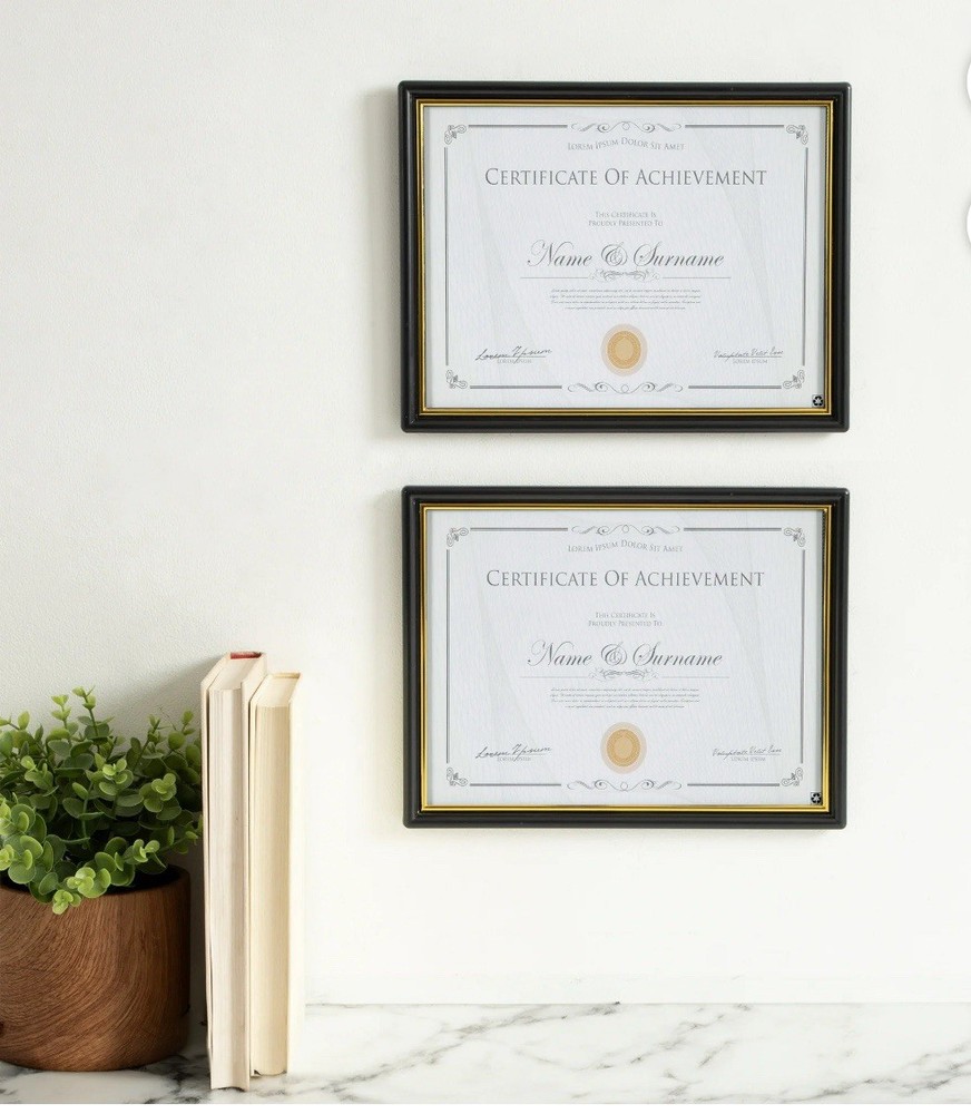 DesignOvation 8.5x11 Basic Black/Gold Classic Document Frame, Set of 2