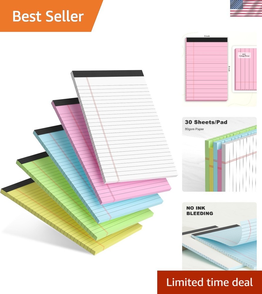 Durable 5 Pack Multicolor Notepads - 30 Sheets for Effective Note Taking