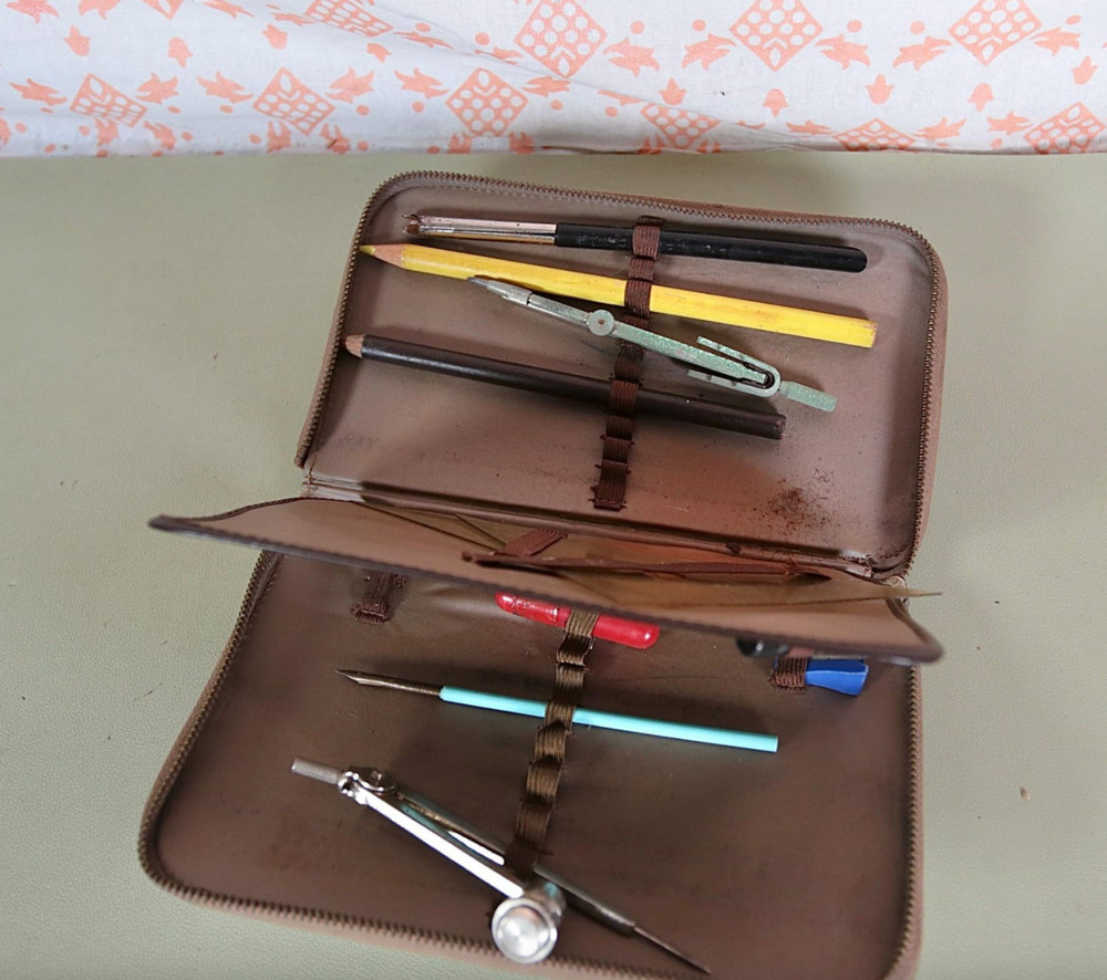 Vintage Drawing Set In Brown Case