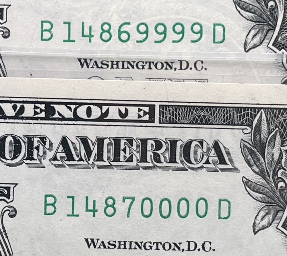 ROLLOVER PAIR /WET INK TRANSFER ERROR “UNC”Fancy Serial Numbers Two $1 BILLS