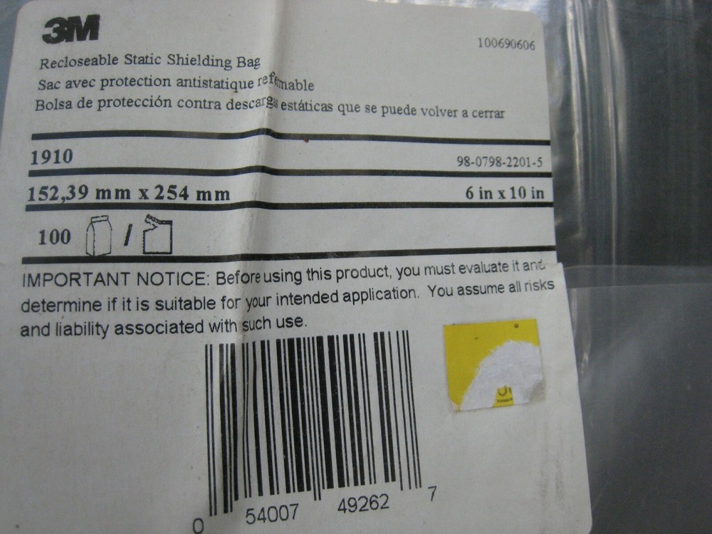 Qty 100 - 3M recloseable anti-static bag 1910 sz 6" x 10"