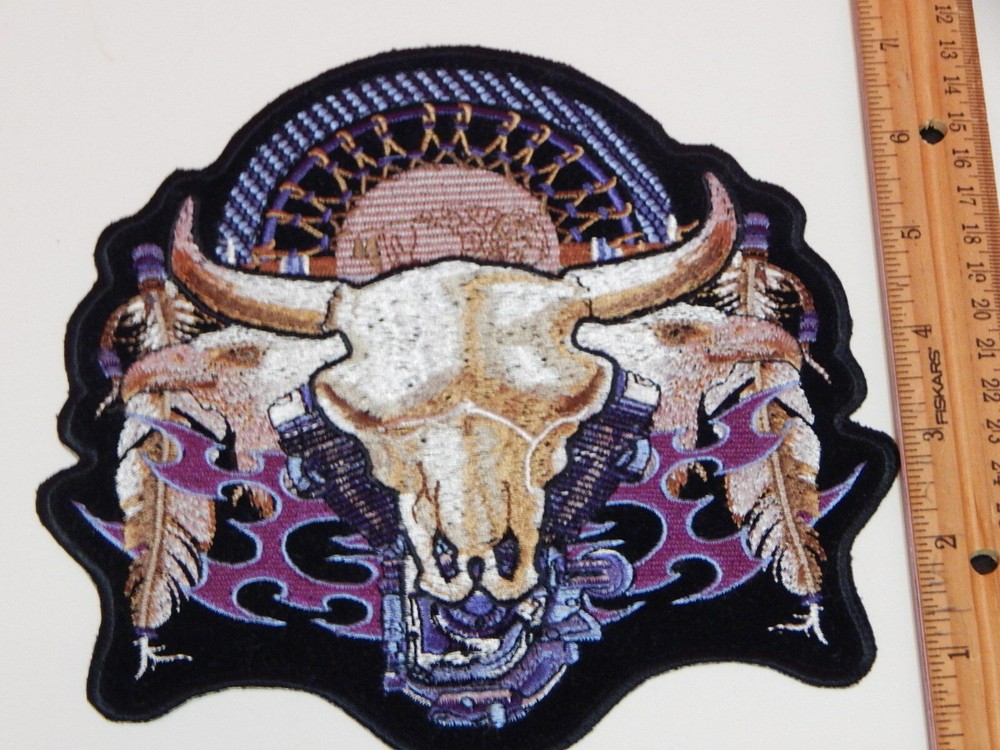 Biker Multi-Color Steer Skull w/ Feathers,Eagle,VTwin Engine Patch Size 7" x 7"