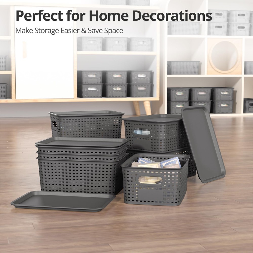Plastic Storage Basket with Lids, Stackable Small Box Bins for Organizing and...