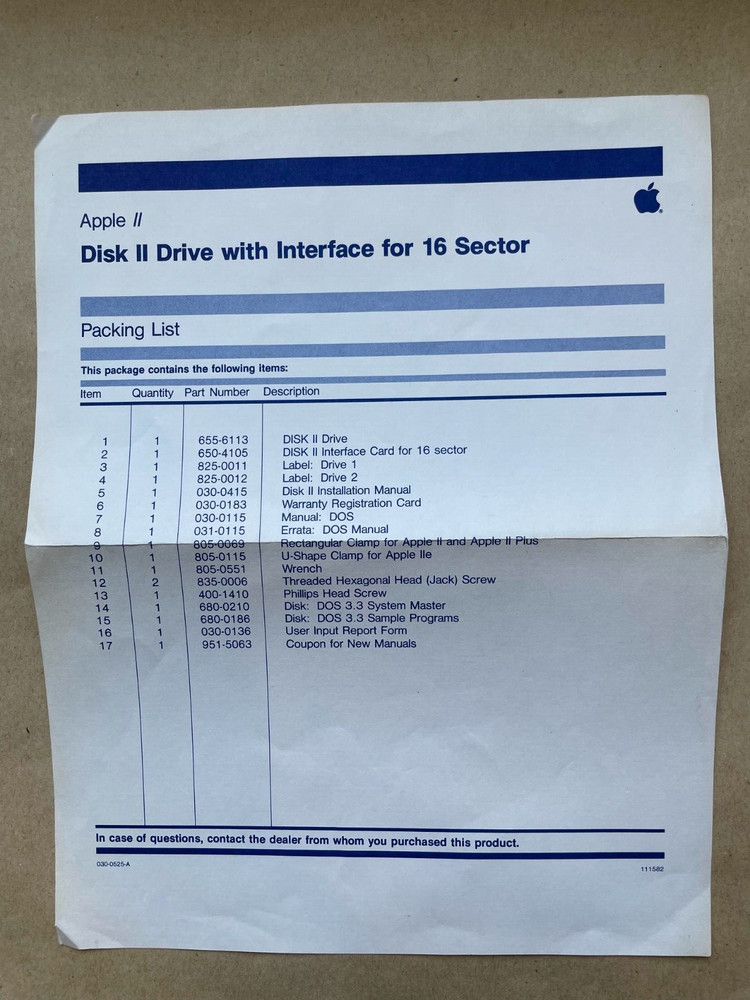 Apple Disk II Drive Packing Lists Warranty Cards User Input Reports Missing Some