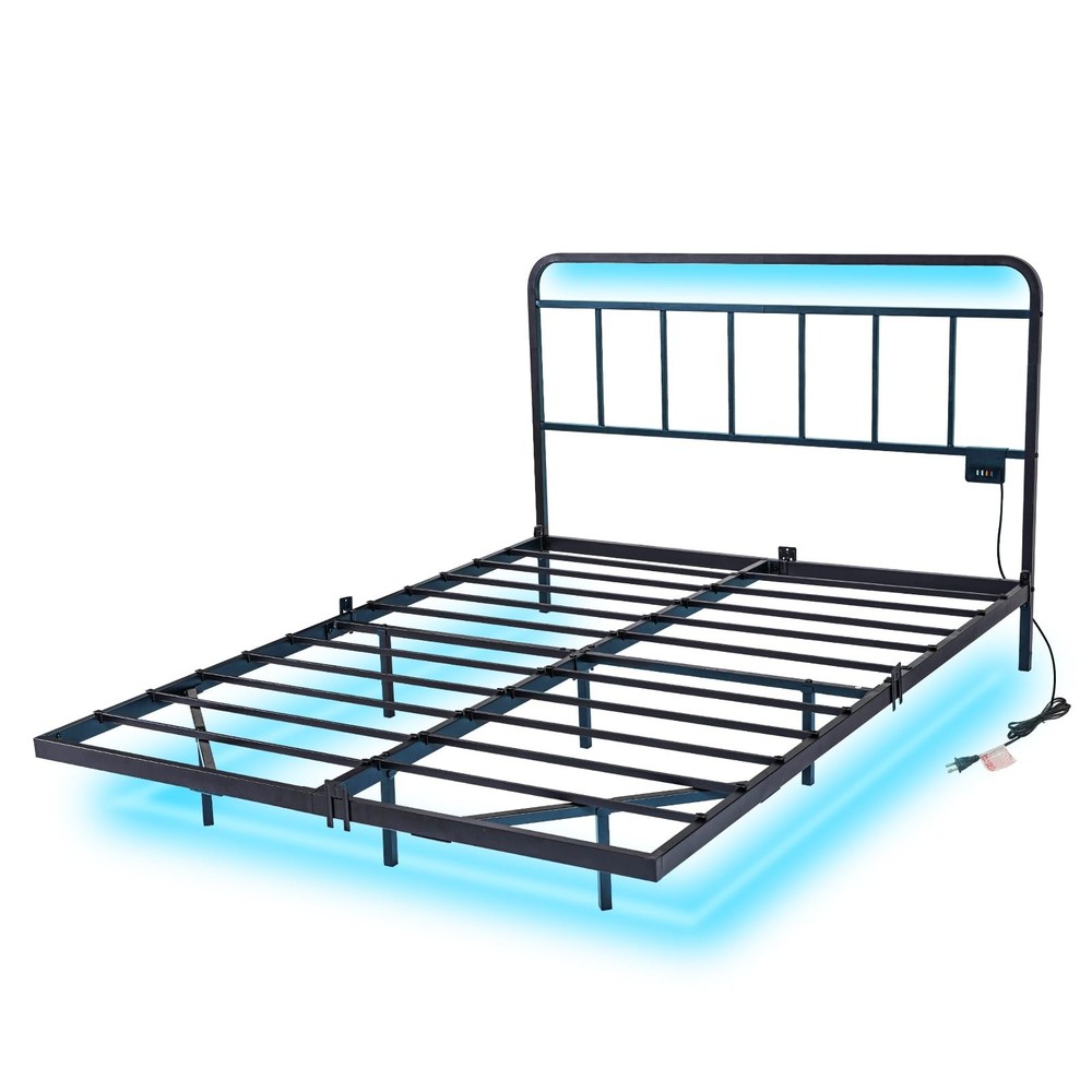 Floating Full Size Platform Bed Frame with LED Lights & Charging Station - In...