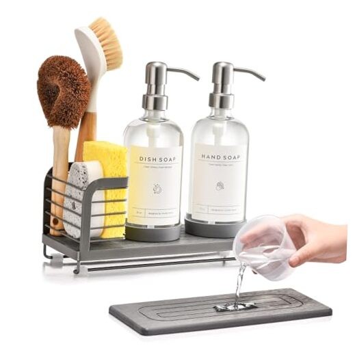 Kitchen Soap Dispenser Set with Grey Sink Caddy + Clear Bottle + Silver Pump