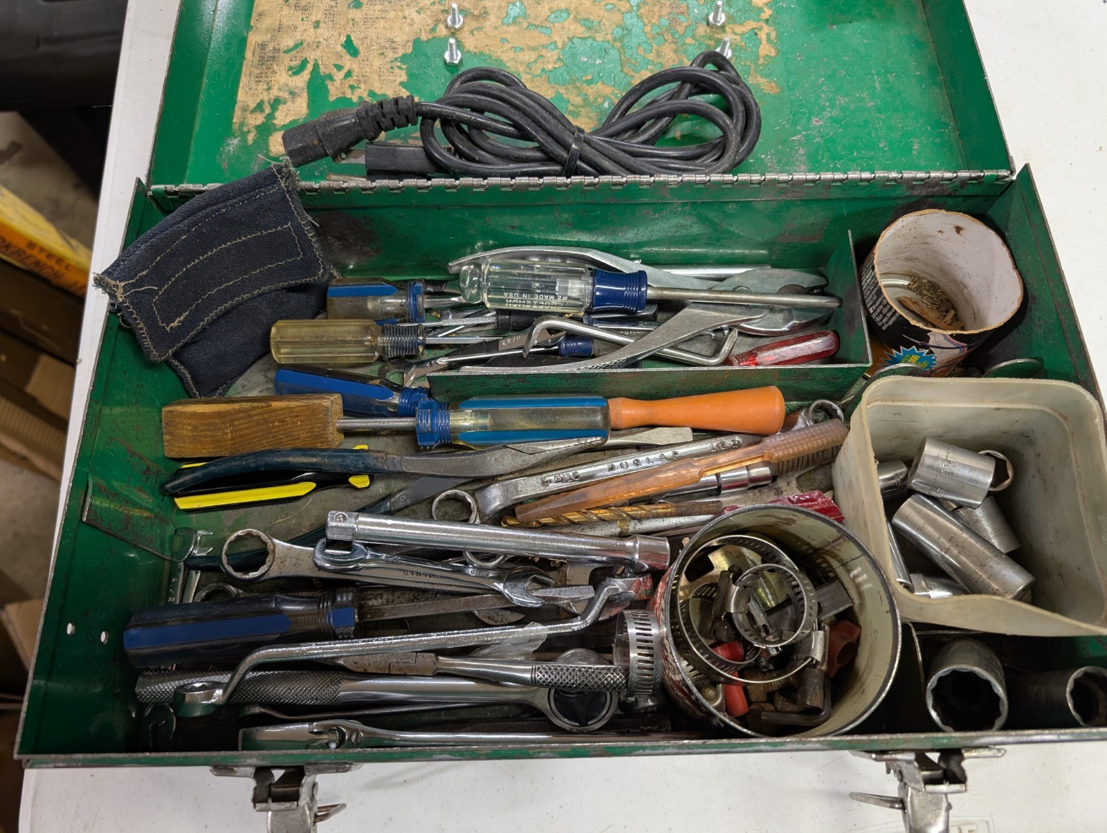 Vintage Metal Toolbox with 50+ assorted lot of tools