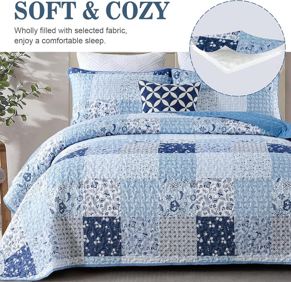 Menghomeus Blue Quilt Set Queen Boho Patchwork Bedspread Floral Queen,