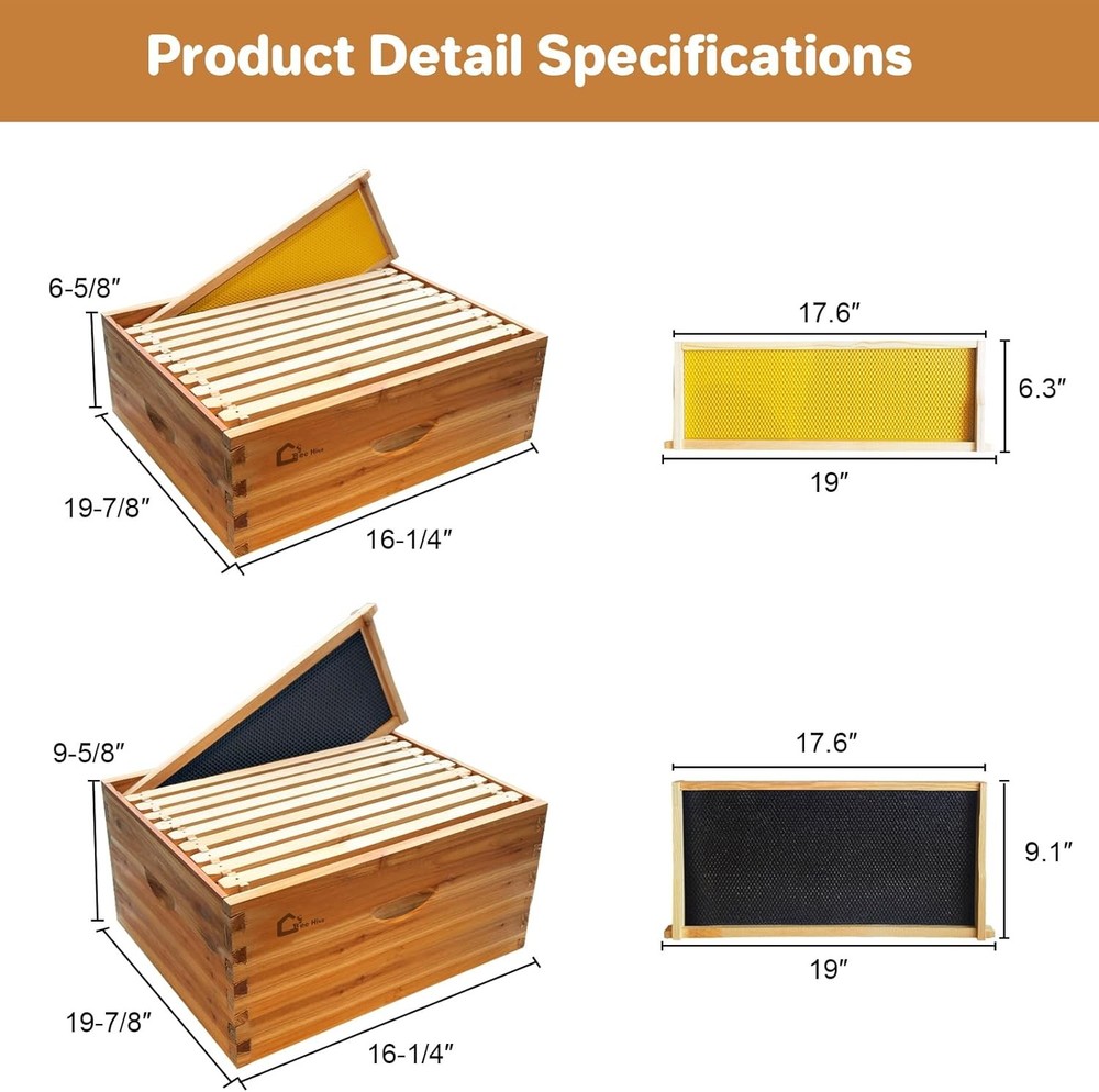 Bee Hive Langstroth Beehive Box Kit 10 Deep &10 Medium Frames Wooden Beehive Box