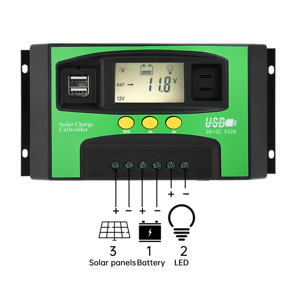 12V24V Solar Charger Controller 30A 40A 100A PV LCD Controller Timing USB/Type-C