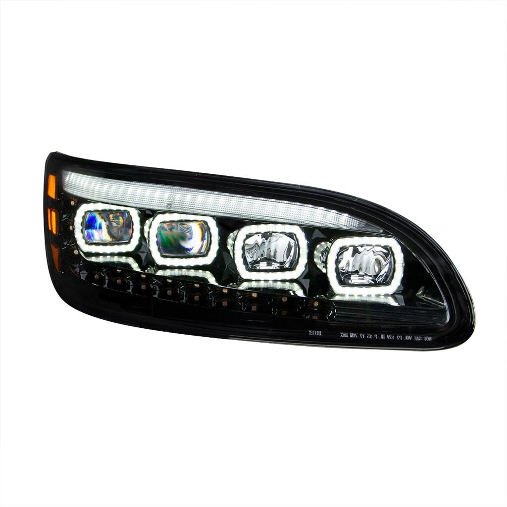 Pair Black Quad-LED Headlights With LED DRL & Sequential Signal For Peterbilt