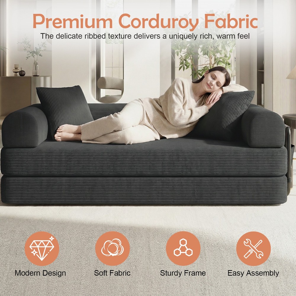79" Corduroy Convertible Compression Sofa Bed Folding Floor Sofa Sleeper Couch