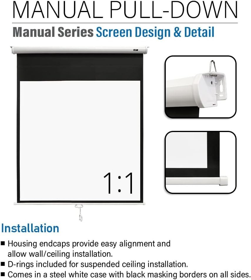 125" Manual Pull Down Projector Screen, 1:1 Retractable Projection Screen, Au...