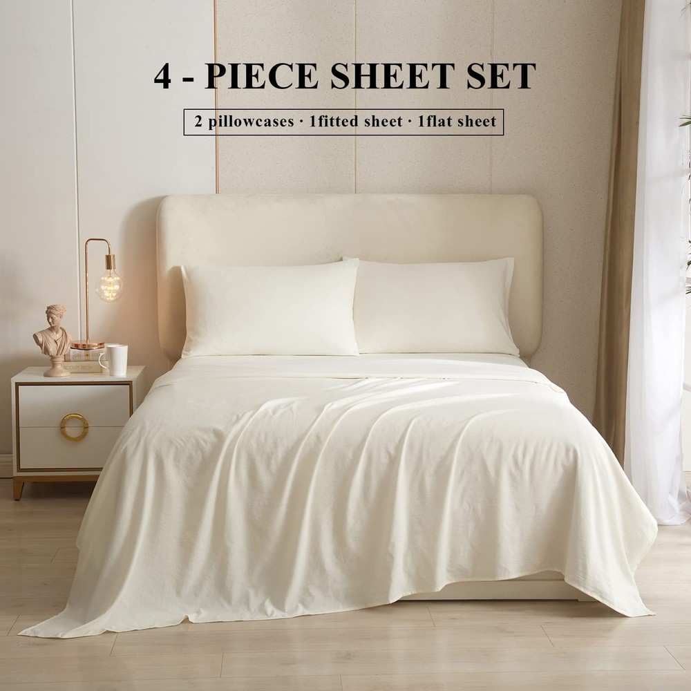 Cream White Sheets Full Size Bedding Sheets & Pillowcases Set - Cooling Sheet...