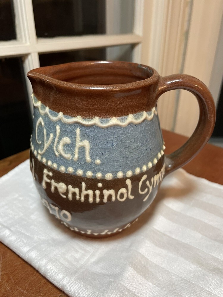M Jones Signed Llandeilo Welsh STUDIO Slip Decorated POTTERY Redware Pitcher