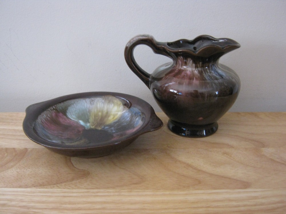 Hand Painted Drip Glaze Multicolored Pitcher & Bowl Set