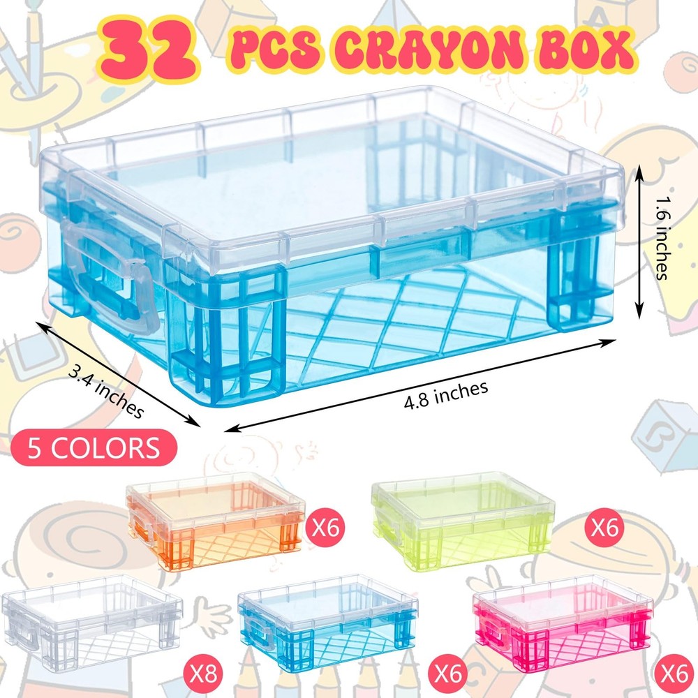 32 Pcs Plastic Crayon Box with Snap Lids Bulk Stackable Crayon Storage Box Pe...