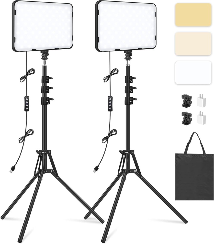 2 Pack Adjustable LED Video Light & 63" Tripod Perfect for Vlogging & Streaming