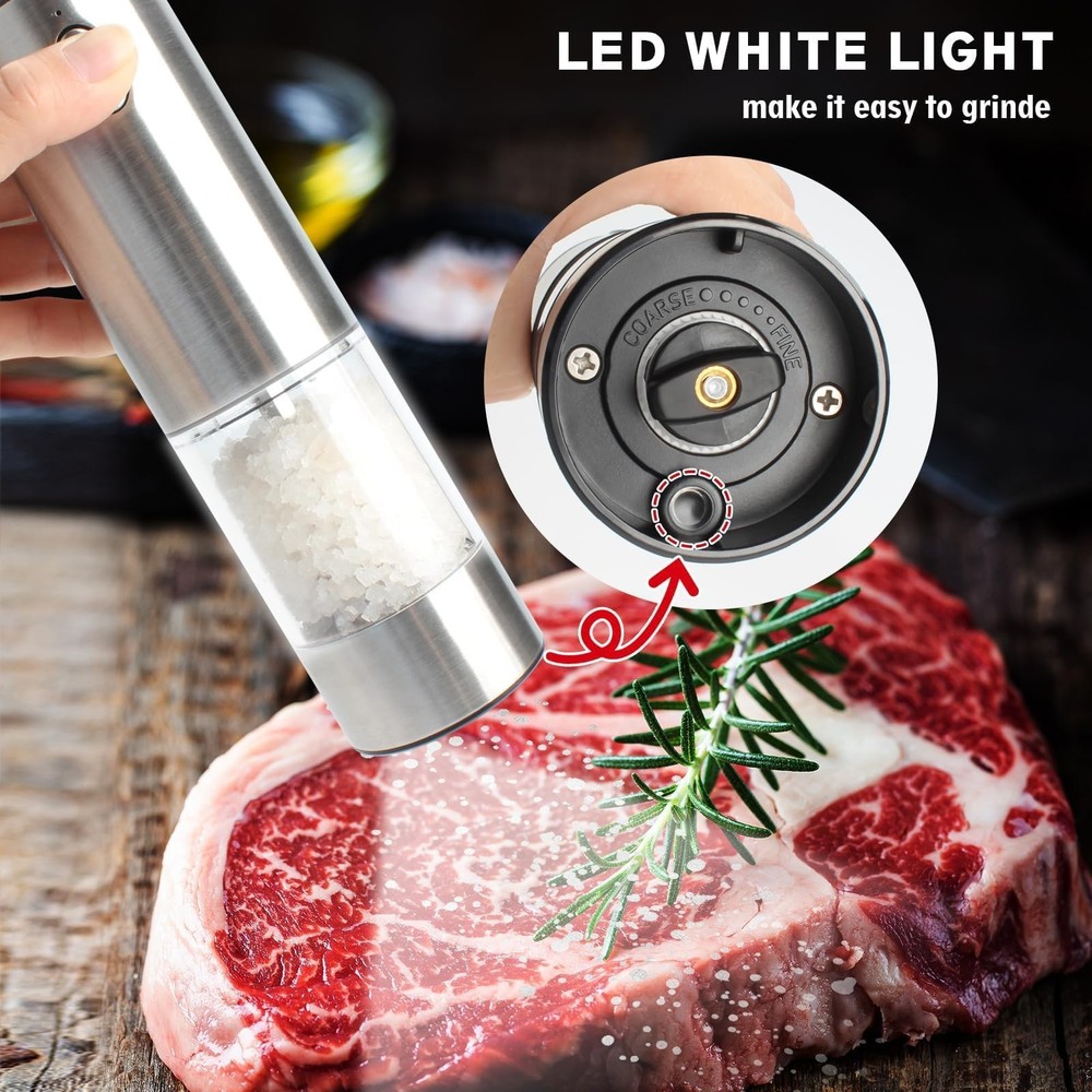 Salt & Pepper Grinder - Automatic Spice Mill Set with Adjustable Coarseness -...